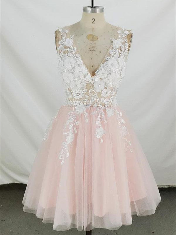 Short V Neck Pink Lace Prom Dresses, Short Pink Lace Homecoming Graduation Dresses, US 2 / Custom Color / With Rush+$19.99 Short V Neck Pink Lace Prom Dresses, Short Pink Lace Homecoming Graduation Dresses, US 2 / Custom Color / With Rush+$19.99
