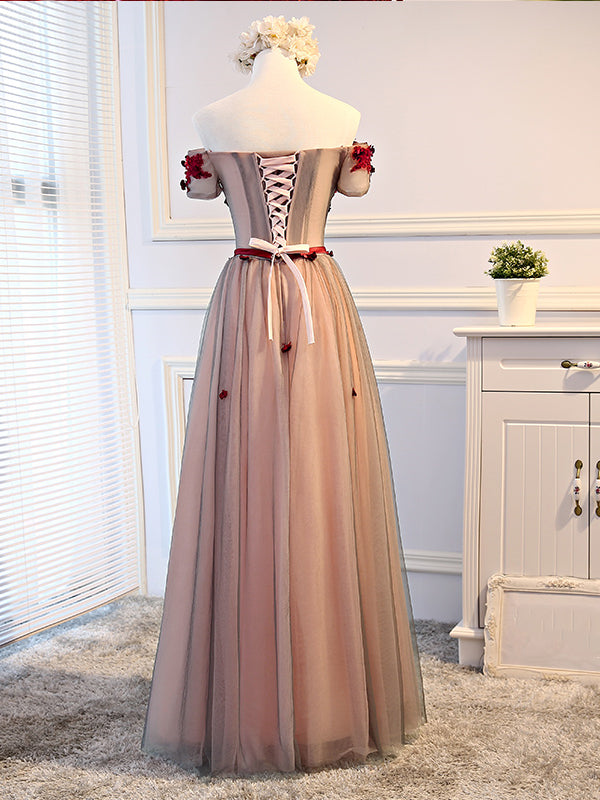 Short Sleeves Burgundy Floral Long Prom Dresses, Burgundy Floral Forma