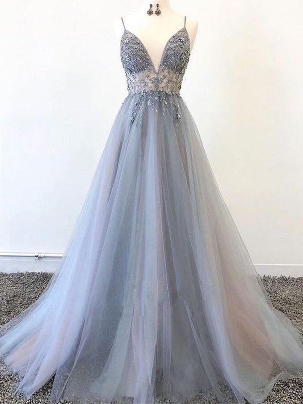 Silver Grey V Neck Floor Length Long Beaded Prom Dresses, Grey Long Be - shegown Silver Grey V Neck Floor Length Long Beaded Prom Dresses, Grey Long Be - shegown
