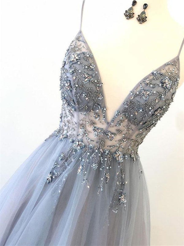 Silver Grey V Neck Floor Length Long Beaded Prom Dresses, Grey Long Be - shegown Silver Grey V Neck Floor Length Long Beaded Prom Dresses, Grey Long Be - shegown