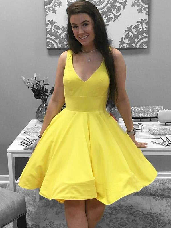 Simple Short V Neck Yellow Red Satin Prom Dresses, Short Red Yellow Formal Homecoming Dresses, US 2 / Custom Color / With Rush+$19.99 Simple Short V Neck Yellow Red Satin Prom Dresses, Short Red Yellow Formal Homecoming Dresses, US 2 / Custom Color / With Rush+$19.99