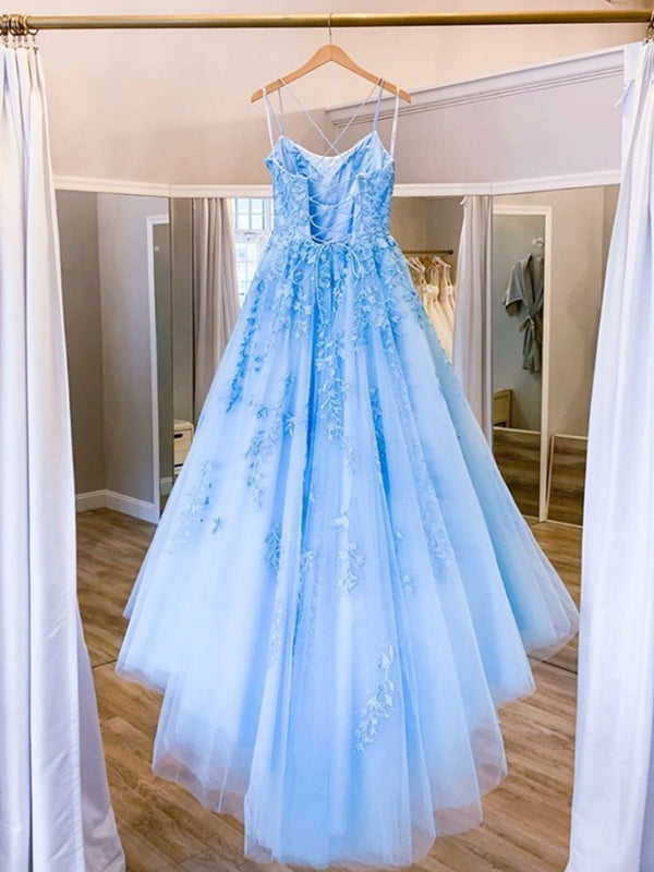 Spaghetti Straps Backless Blue Lace Prom Dresses, Open Back Blue Lace - shegown Spaghetti Straps Backless Blue Lace Prom Dresses, Open Back Blue Lace - shegown