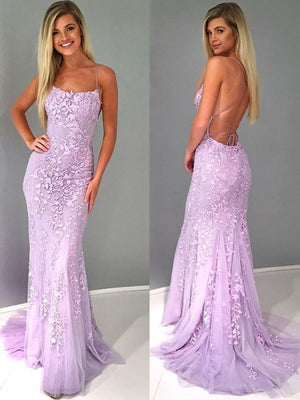 Spaghetti Straps Backless Purple Lace Mermaid Prom Dresses, Open Back Mermaid Lace Formal Evening Dresses