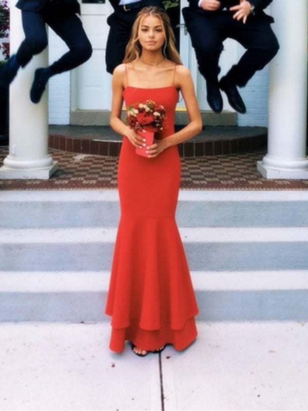 Spaghetti Straps Red Mermaid Long Prom Dresses, Red Thin Straps Formal