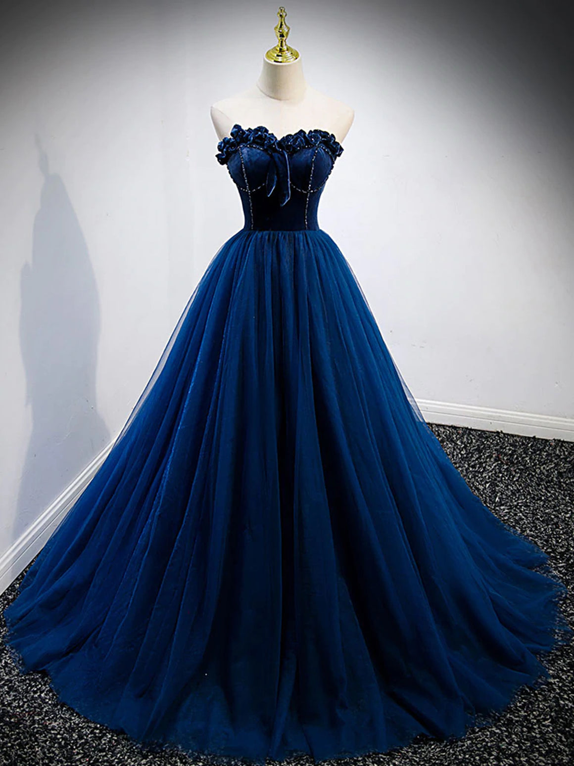 Strapless Blue Velvet Long Prom Dresses, Blue Velvet Long Formal Graduation Dresses