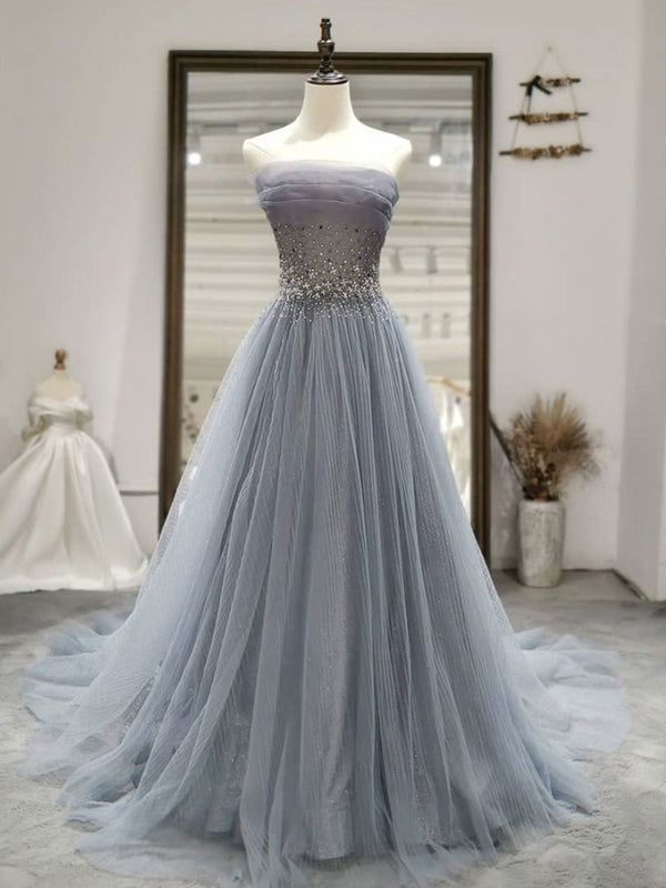 Strapless Gray Tulle Long Prom Dresses Strapless Gray Long Formal Eve shegown