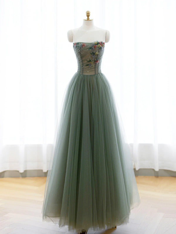 Strapless Short Green Tulle Prom Dresses, Short Green Tulle Beaded Formal Graduation Dresses main image 1