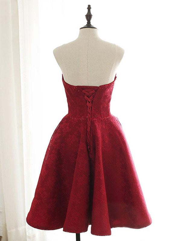 open lace back dress Sweetheart Neck Short Burgundy Lace Prom Dresses, Short Wine Red Lace