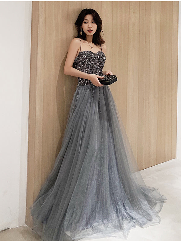 Sweetheart Neck Silver Gray Long Beaded Prom Dresses, Silver Gray Long - shegown Sweetheart Neck Silver Gray Long Beaded Prom Dresses, Silver Gray Long - shegown