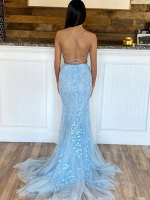 Two Pieces Blue Lace Mermaid Prom Dresses, 2 Pieces Blue Lace Mermaid Formal Evening Dresses