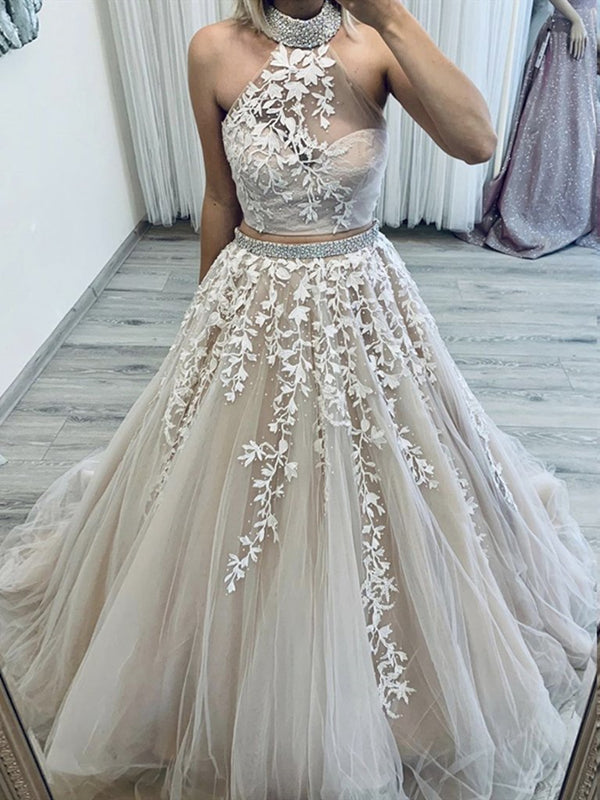Two Pieces High Neck Champagne Lace Wedding Dresses, 2 Pieces Champagn - shegown Two Pieces High Neck Champagne Lace Wedding Dresses, 2 Pieces Champagn - shegown