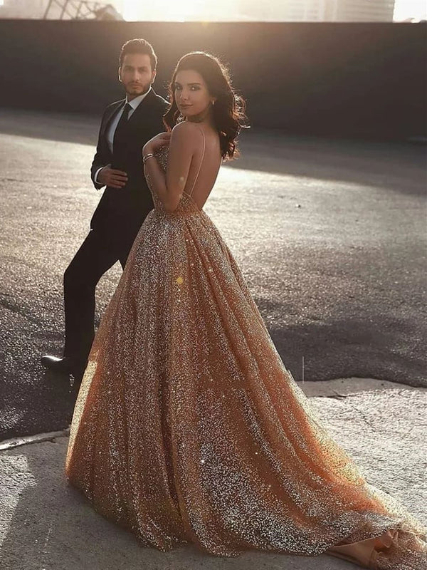 V Neck Backless Champagne Prom Dresses, Open Back Champagne Lace Forma