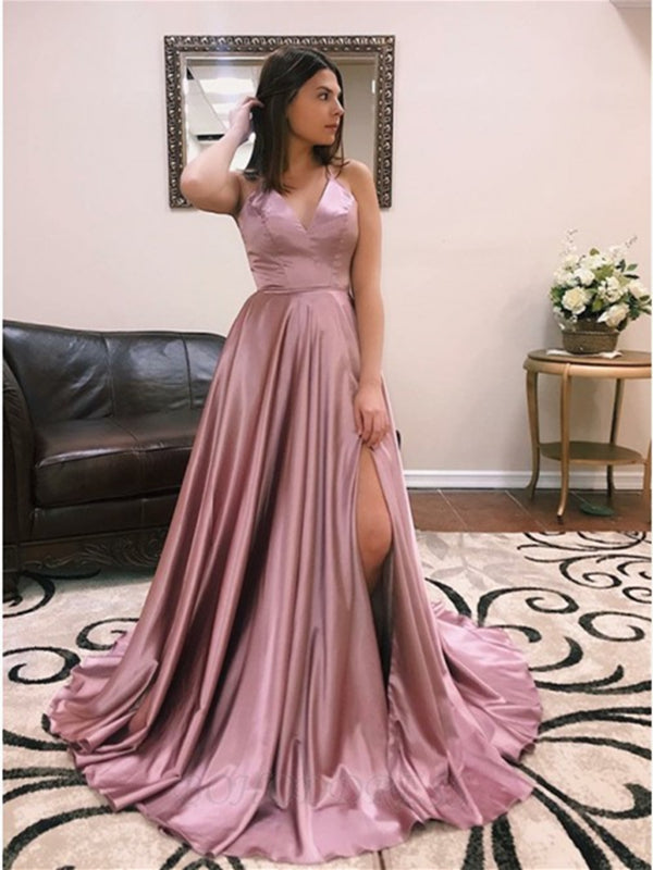 V Neck Backless Long Prom Dresses with Leg Slit, Cross Back Long Formal Evening Dresses, Custom Size / Pink as Pics / No Rush V Neck Backless Long Prom Dresses with Leg Slit, Cross Back Long Formal Evening Dresses, Custom Size / Pink as Pics / No Rush