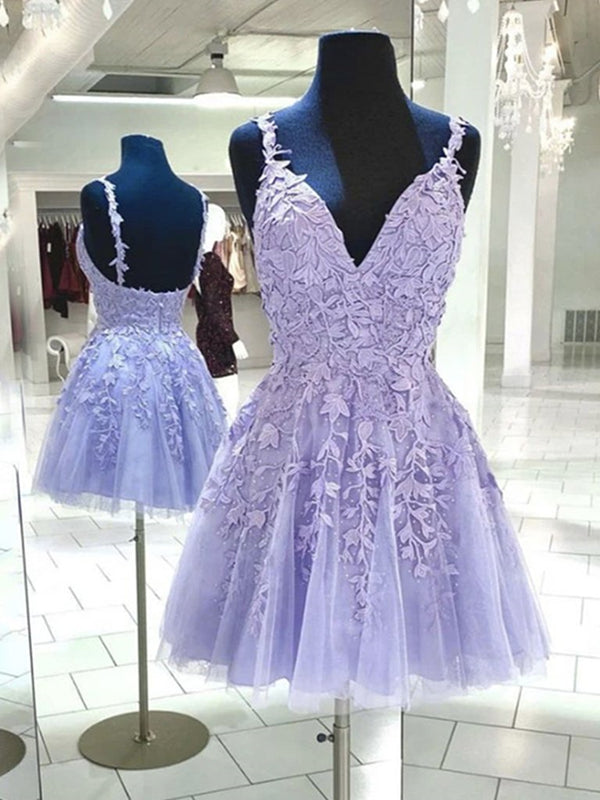 V Neck Backless Purple Lace Short Prom Dresses, Open Back Purple Short Lace Formal Homecoming Dresses V Neck Backless Purple Lace Short Prom Dresses, Open Back Purple Short Lace Formal Homecoming Dresses