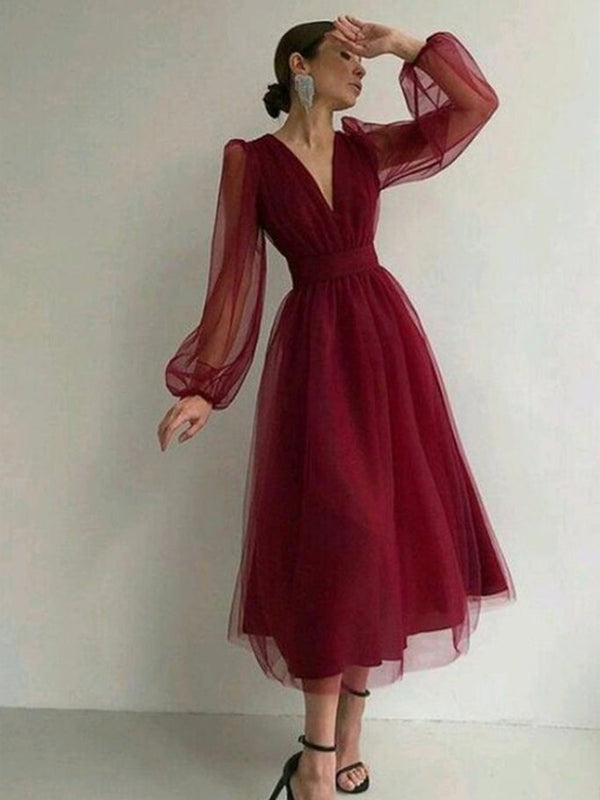 V Neck Long Sleeves Burgundy Tea Length Prom Dresses, Burgundy Tea Len