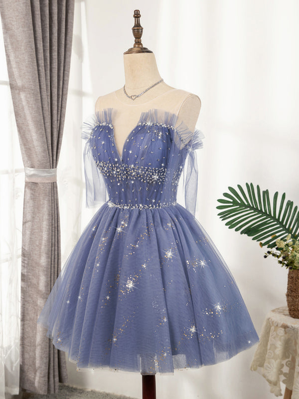 Lovely Short Prom Dress Blue Homecoming Dress, V-neckline Short Graduation Dress main image 1
