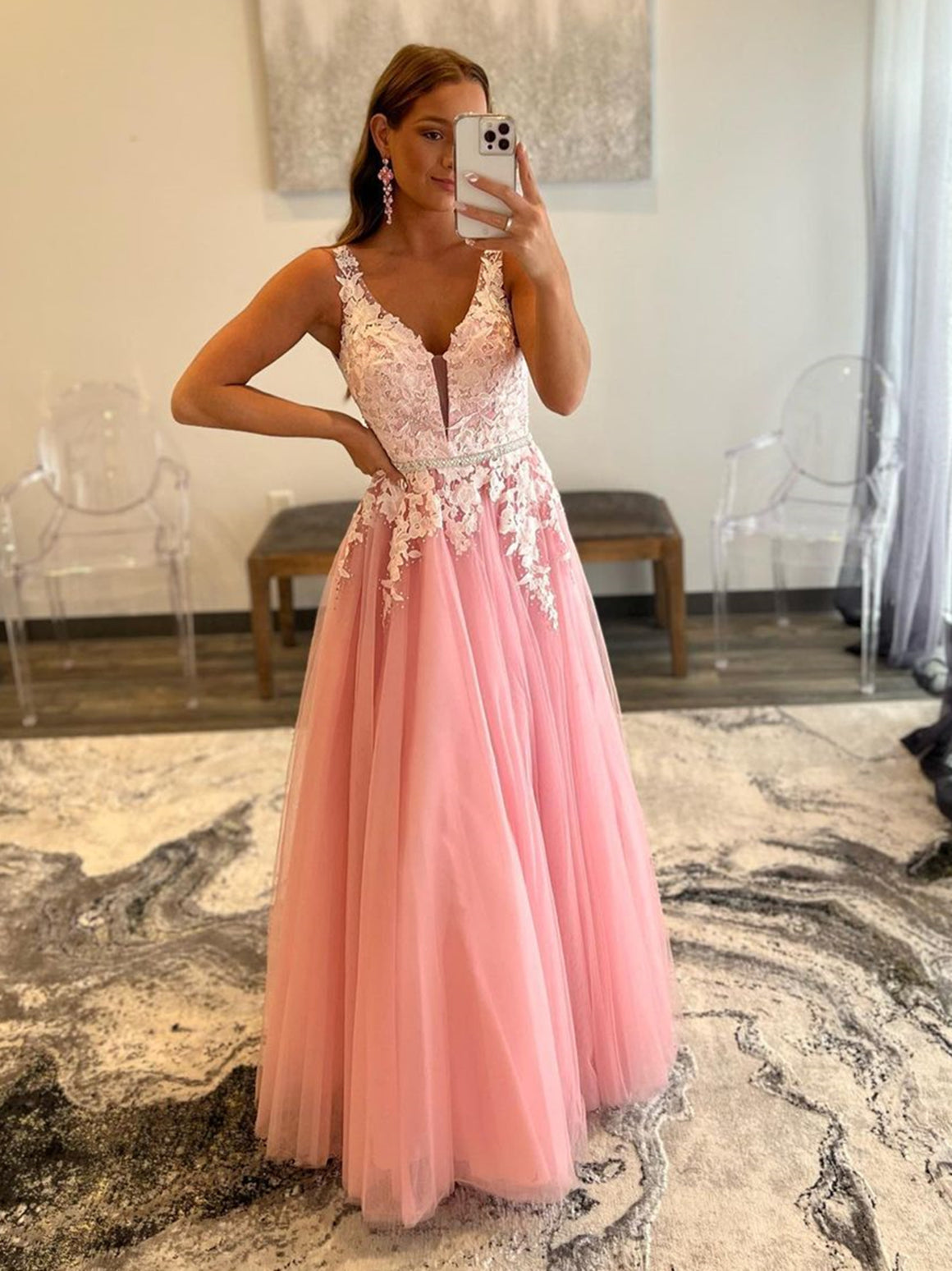 V Neck Pink Lace Long Prom Dresses, Backless Pink Lace Formal Evening Dresses