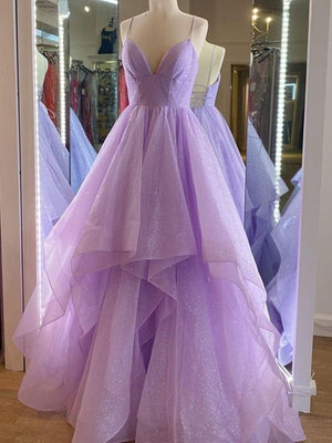 V Neck Purple Tulle Long Prom Dresses, Purple High Low Formal Evening Dresses