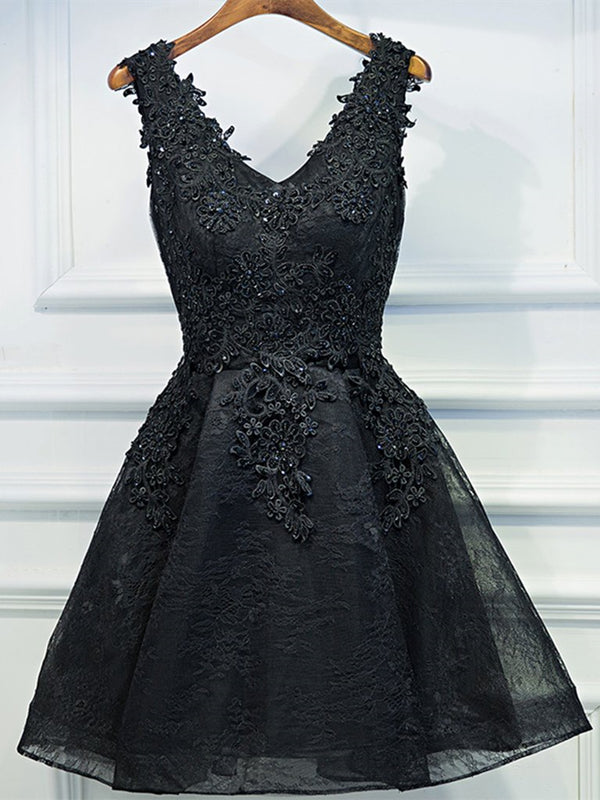 V Neck Short Black Lace Prom Dresses, Short Black Lace Graduation  Homecoming Dresses