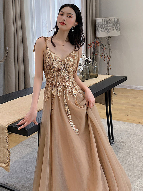 V Neck Champagne Lace Prom Dresses, Champagne Lace Long Formal Evening - shegown V Neck Champagne Lace Prom Dresses, Champagne Lace Long Formal Evening - shegown