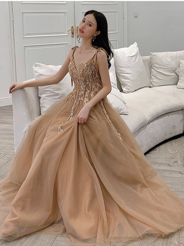 V Neck Champagne Lace Prom Dresses, Champagne Lace Long Formal Evening - shegown V Neck Champagne Lace Prom Dresses, Champagne Lace Long Formal Evening - shegown