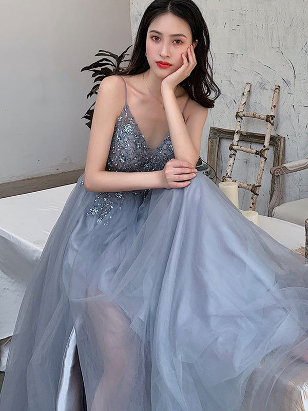 V Neck Gray Beaded Long Prom Dresses V Neck Beaded Gray Formal Evenin shegown