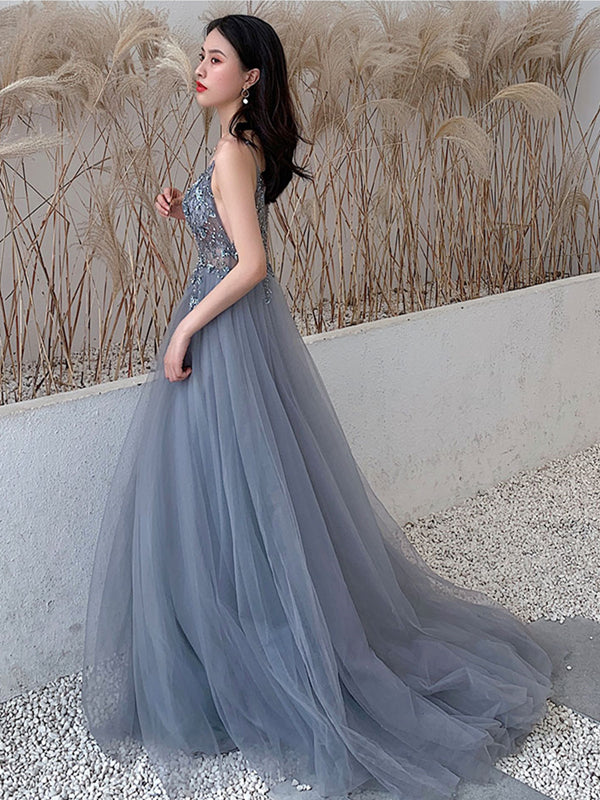 V Neck Gray Beaded Long Prom Dresses, V Neck Beaded Gray Formal Evening Graduation Dresses, US 10 / Gray as Pics / With Rush+$19.99