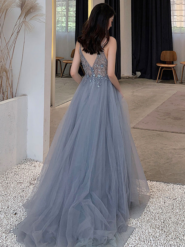 V Neck Gray Beaded Long Prom Dresses, V Neck Beaded Gray Formal Evening Graduation Dresses, US 10 / Gray as Pics / With Rush+$19.99 V Neck Gray Beaded Long Prom Dresses, V Neck Beaded Gray Formal Evening Graduation Dresses, US 10 / Gray as Pics / With Rush+$19.99