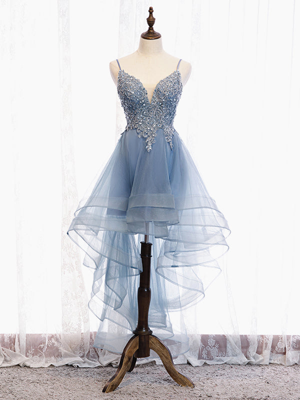 V Neck High Low Blue Lace Prom Dresses, Blue Lace High Low Formal Even