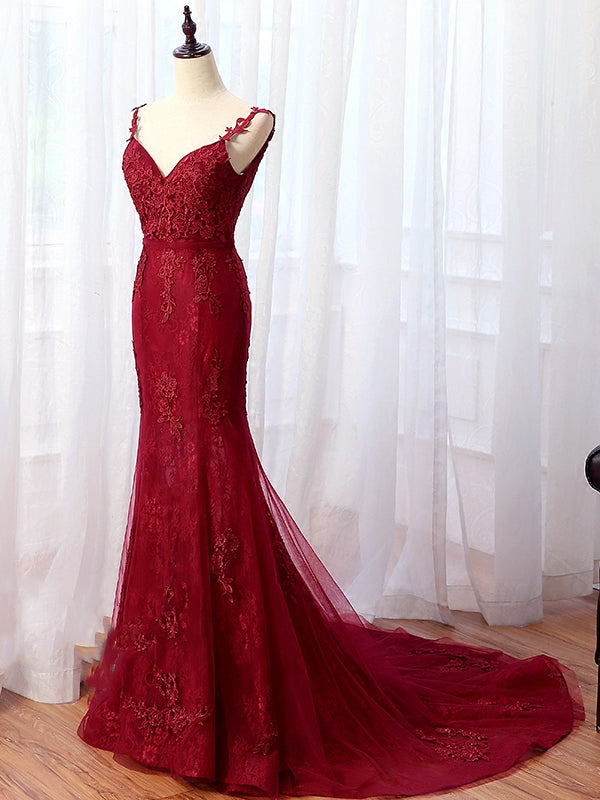 V Neck Burgundy Mermaid Lace Prom Dresses, Wine Red Mermaid Lace Formal Bridesmaid Dresses V Neck Burgundy Mermaid Lace Prom Dresses, Wine Red Mermaid Lace Formal Bridesmaid Dresses