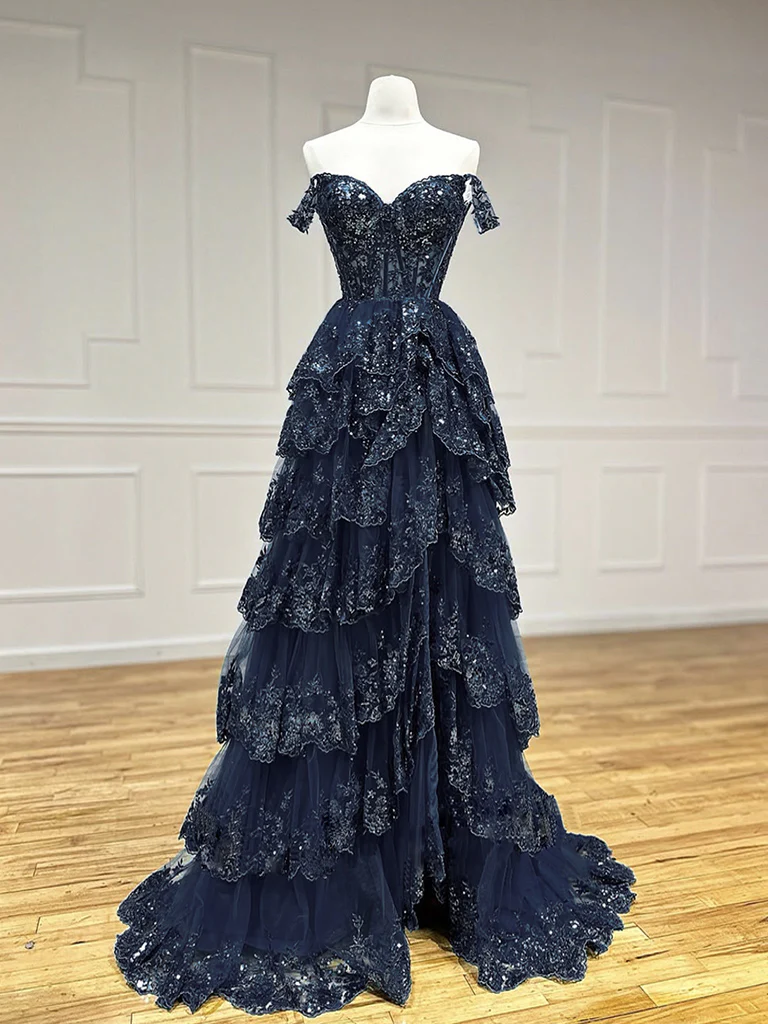 Off the Shoulder Dark Navy Blue Layered Lace Prom Dresses, Dark Blue Lace Formal Dresses, US 12 / Custom Color / With Rush+$19.99 Off the Shoulder Dark Navy Blue Layered Lace Prom Dresses, Dark Blue Lace Formal Dresses, US 12 / Custom Color / With Rush+$19.99