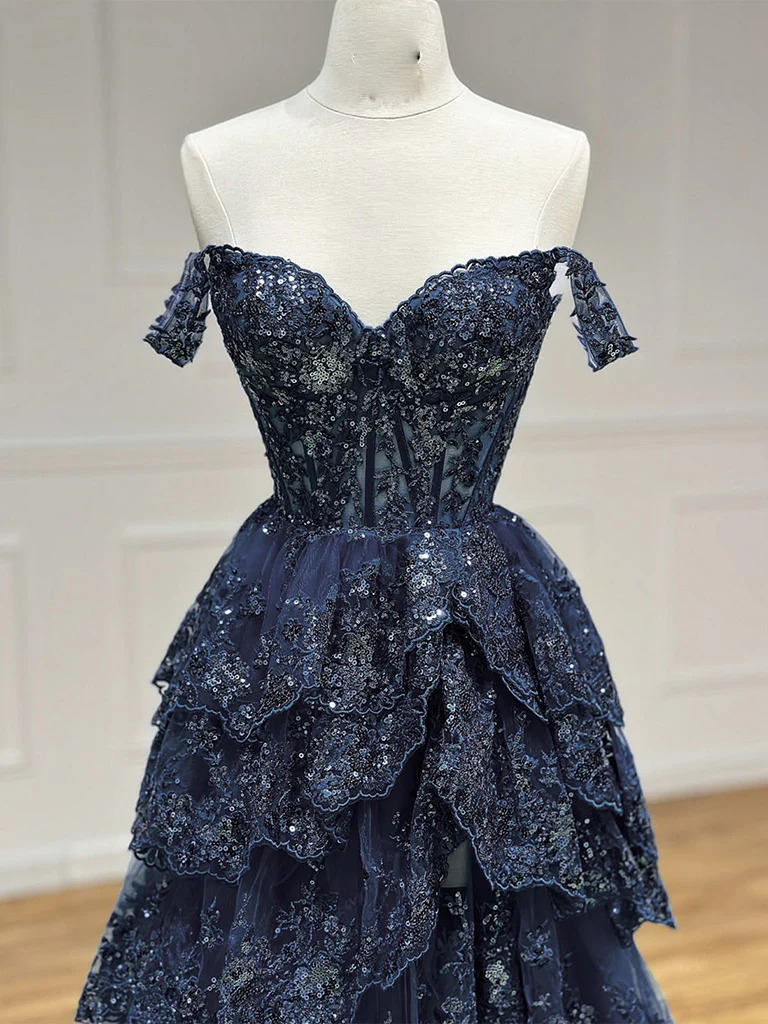 Off the Shoulder Dark Navy Blue Layered Lace Prom Dresses, Dark Blue Lace Formal Dresses, US 12 / Custom Color / With Rush+$19.99 Off the Shoulder Dark Navy Blue Layered Lace Prom Dresses, Dark Blue Lace Formal Dresses, US 12 / Custom Color / With Rush+$19.99