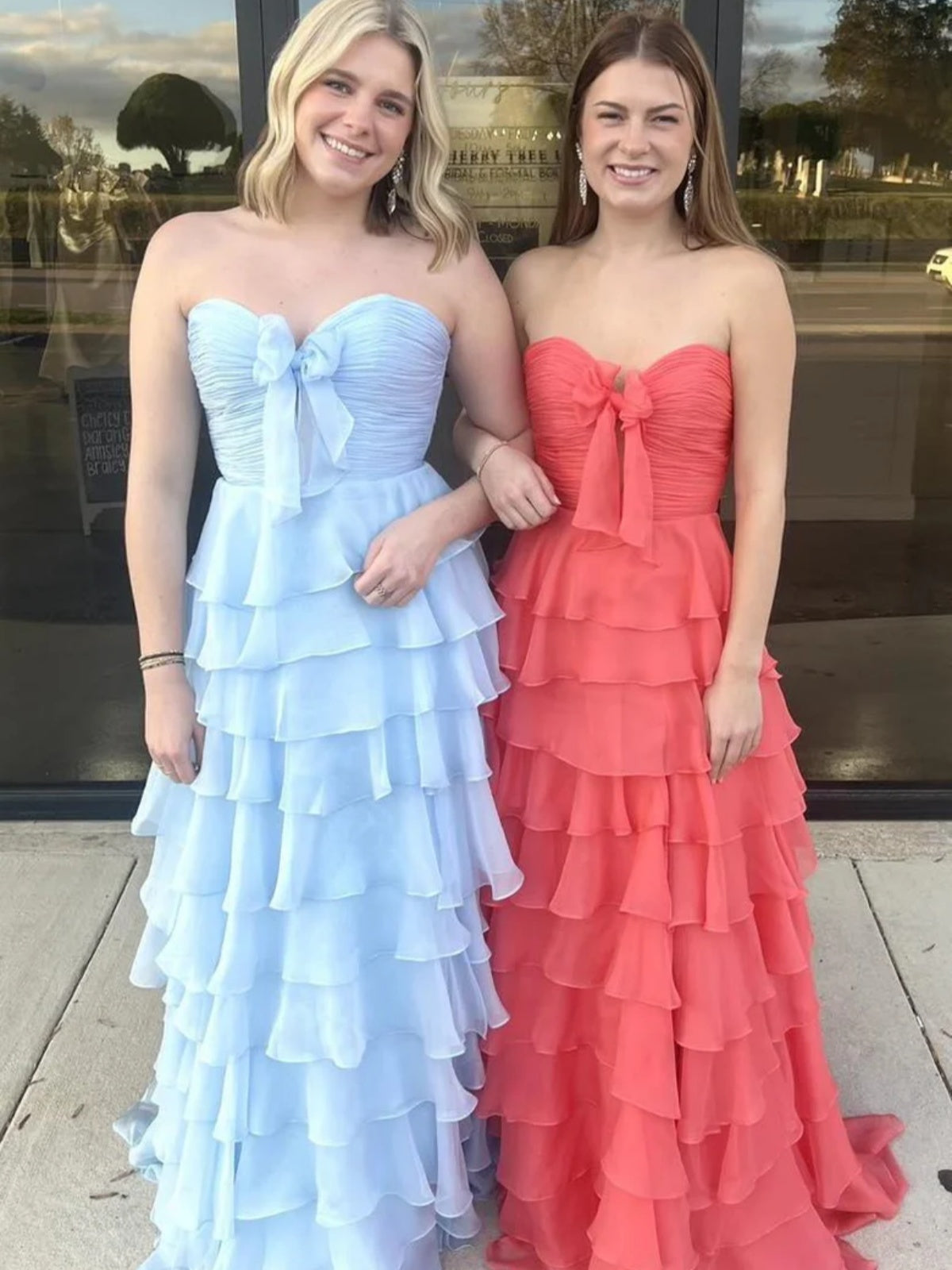 A-line Long Tiered Chiffon Prom Dresses, Yellow Purple Royal Blue Green Pink Light Blue Coral Formal Dresses
