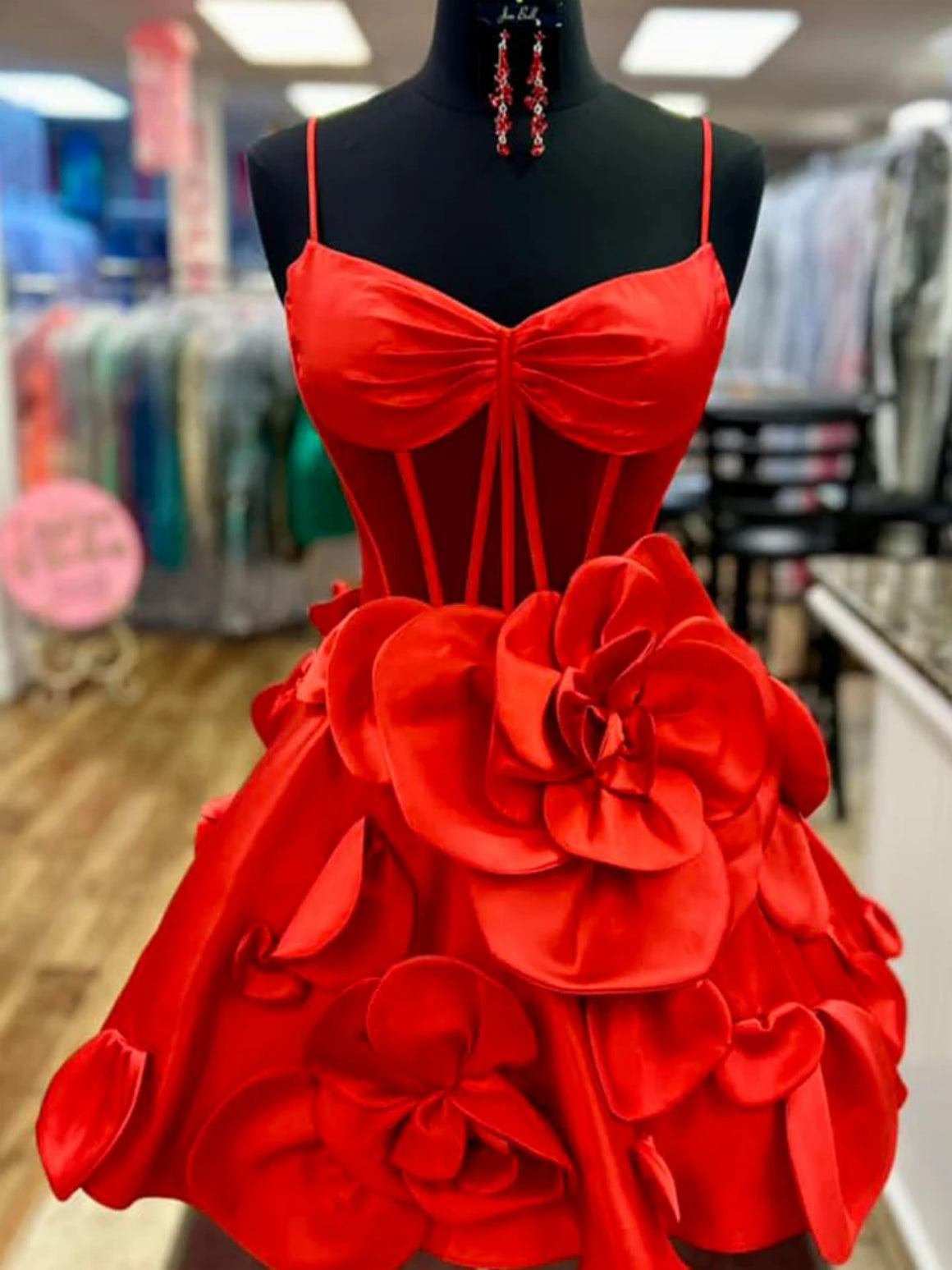 A Line 3D Floral Short Red Black Yellow Prom Dresses, Short 3D Floral Graduation Homecoming Dresses