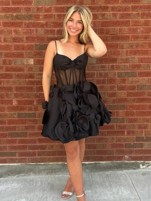 A Line 3D Floral Short Red Black Yellow Prom Dresses, Short 3D Floral Graduation Homecoming Dresses
