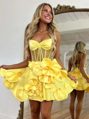 A Line 3D Floral Short Red Black Yellow Prom Dresses, Short 3D Floral Graduation Homecoming Dresses