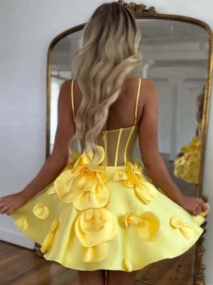 A Line 3D Floral Short Red Black Yellow Prom Dresses, Short 3D Floral Graduation Homecoming Dresses