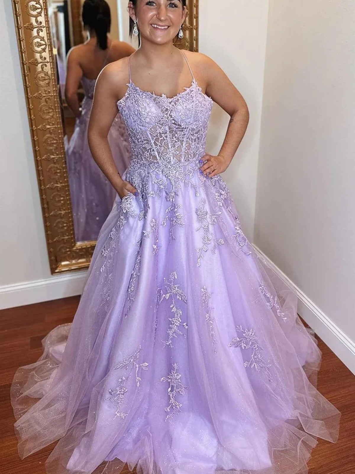 A Line Backless Purple Lace Long Prom Dresses, Lilac Lace Formal Dress - shegown A Line Backless Purple Lace Long Prom Dresses, Lilac Lace Formal Dress - shegown