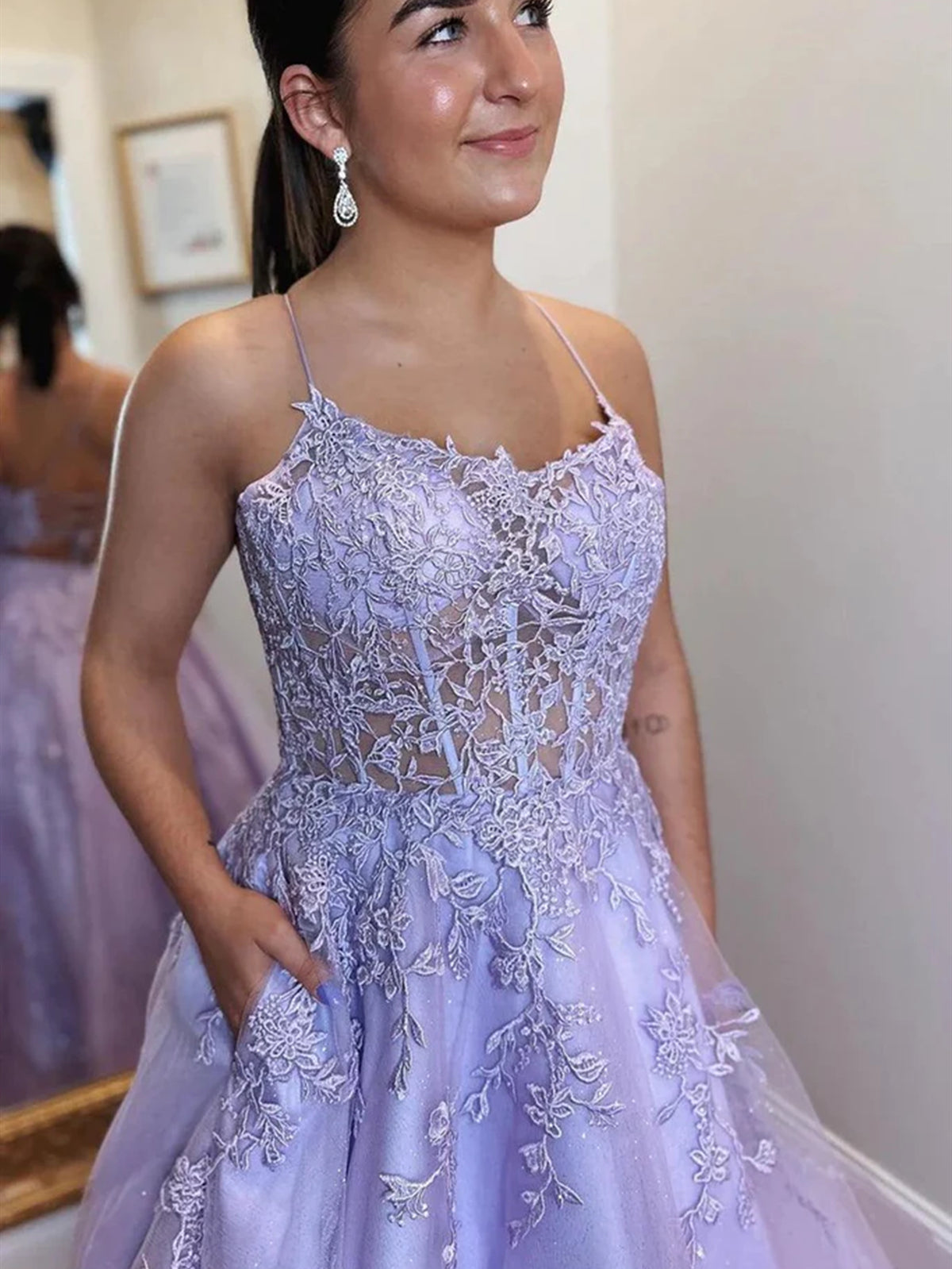 A Line Backless Purple Lace Long Prom Dresses, Lilac Lace Formal Dress - shegown A Line Backless Purple Lace Long Prom Dresses, Lilac Lace Formal Dress - shegown