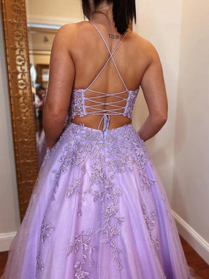 A Line Backless Purple Lace Long Prom Dresses, Lilac Lace Formal Dresses, Purple Evening Dresses