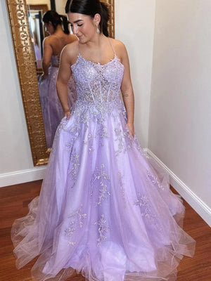 A Line Backless Purple Lace Long Prom Dresses, Lilac Lace Formal Dresses, Purple Evening Dresses