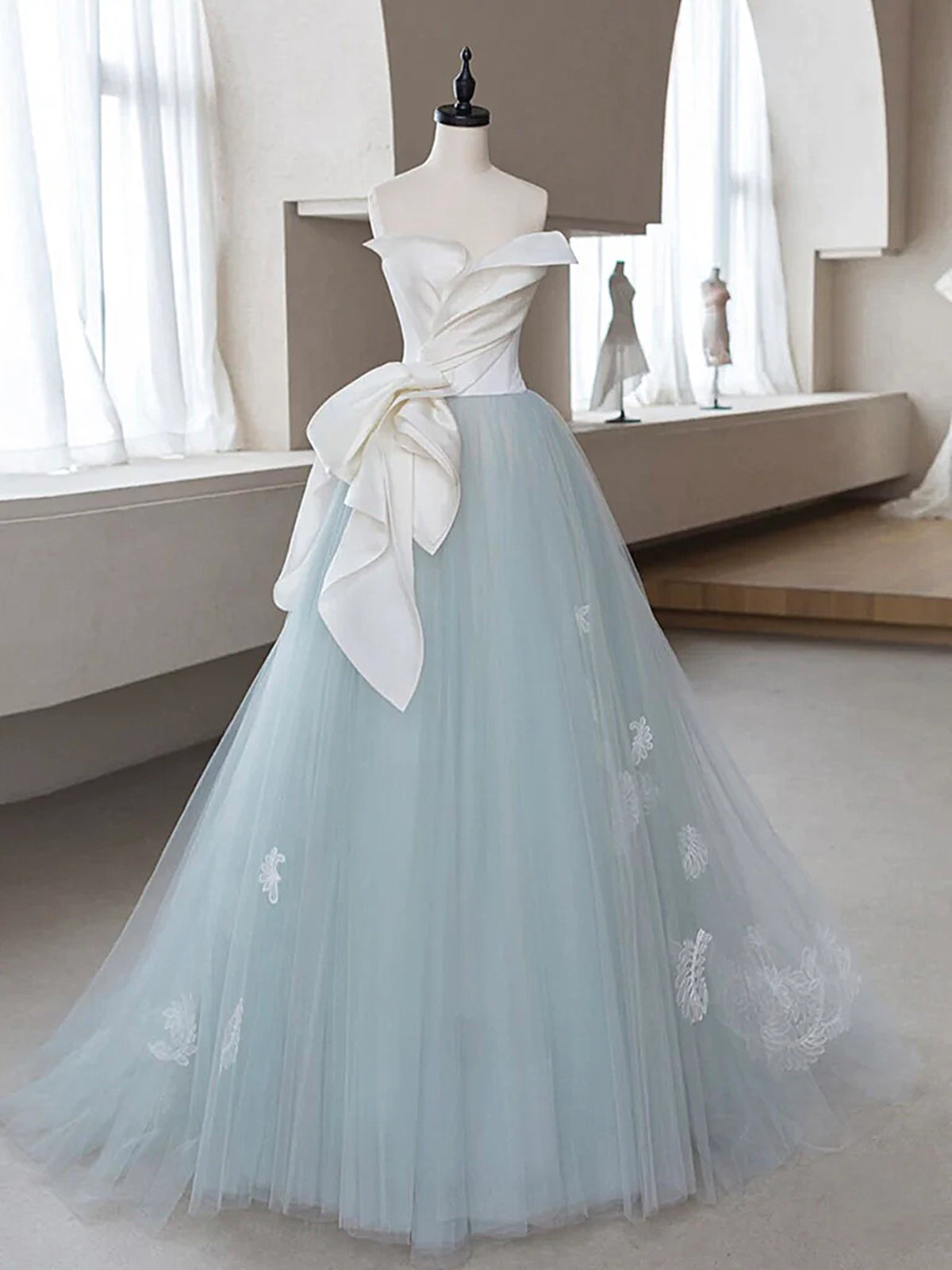 A Line Blue Tulle Lace Flower Long Prom Dresses, Blue Flower Long Form - shegown A Line Blue Tulle Lace Flower Long Prom Dresses, Blue Flower Long Form - shegown