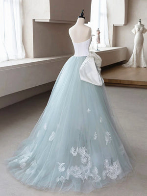 A Line Blue Tulle Lace Flower Long Prom Dresses, Blue Flower Long Formal Evening Dresses