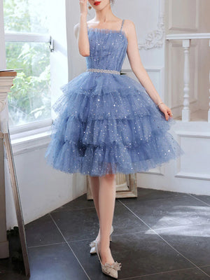 A Line Cute Blue Tulle Short Prom Dresses, Short Shiny Blue Tulle Formal Homecoming Dresses