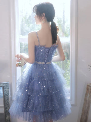 A Line Cute Blue Tulle Short Prom Dresses, Short Shiny Blue Tulle Formal Homecoming Dresses