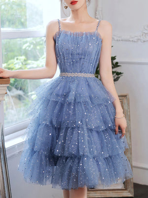 A Line Cute Blue Tulle Short Prom Dresses, Short Shiny Blue Tulle Formal Homecoming Dresses