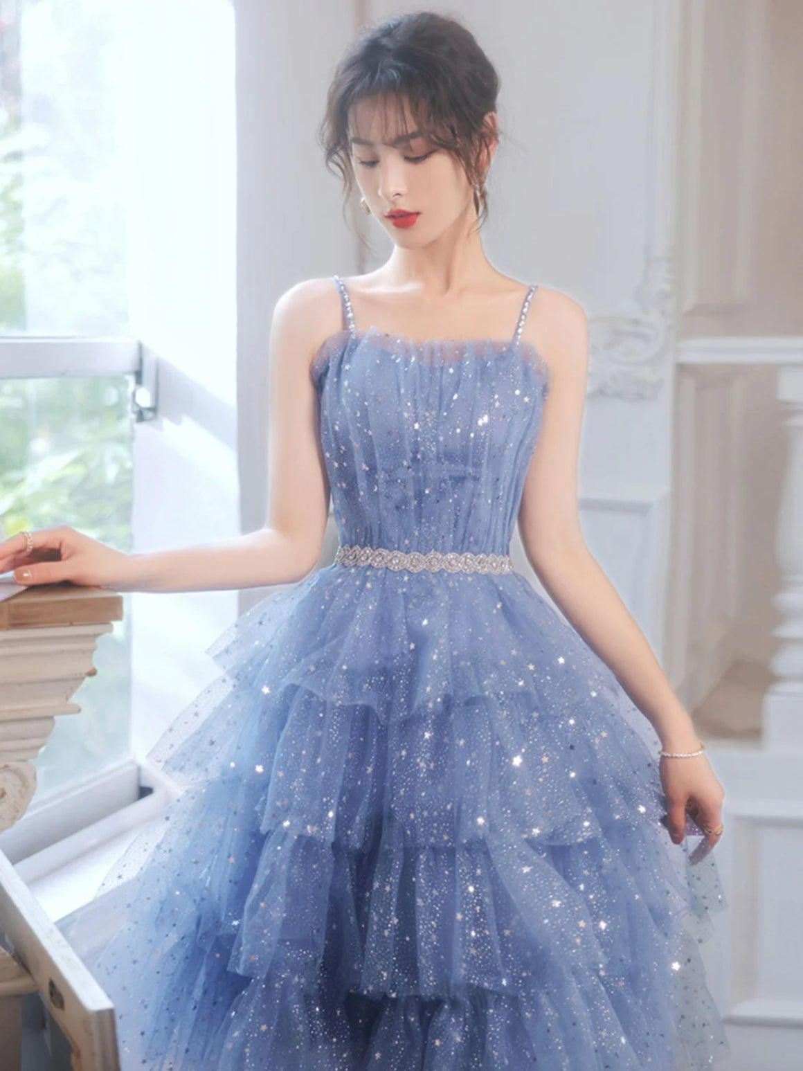 A Line Cute Blue Tulle Short Prom Dresses, Short Shiny Blue Tulle Formal Homecoming Dresses