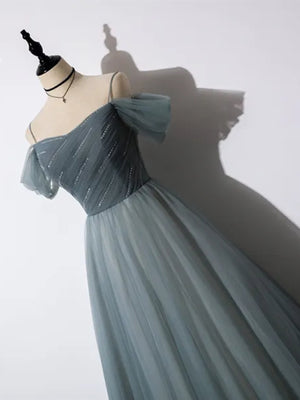 A Line Floor Length Off Shoulder Gray Tulle Long Prom Dresses, Off Shoulder Gray Formal Evening Dresses