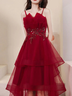 A Line High Low Beaded Burgundy Tulle Long Prom Dresses, High Low Burgundy Homecoming Dresses