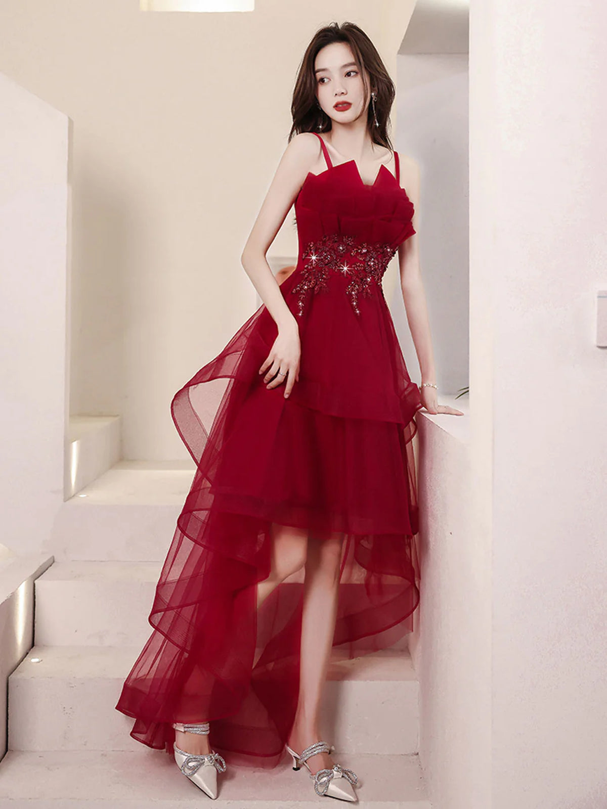 A Line High Low Beaded Burgundy Tulle Long Prom Dresses, High Low Burgundy Homecoming Dresses, US 2 / Picture Color / With Rush+$19.99